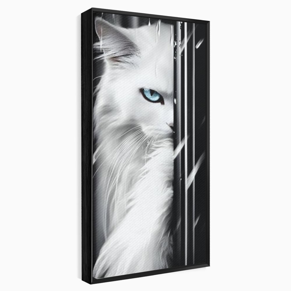 Tablou canvas cu tablou canvas cu pisica alba si ochi albastri, in rama de aluminiu negru
